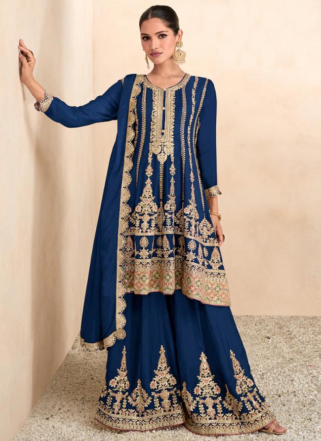 Chinnon Silk Navy Blue Wedding Wear Embroidery Work Readymade Salwar Suit